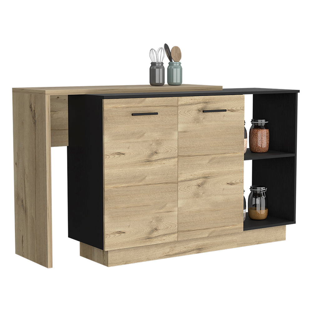 English Elm Kitchen Island With Double Door Cabinets, Stylish Black & Light Oak, Perfect For Dining & Storage B097S00155