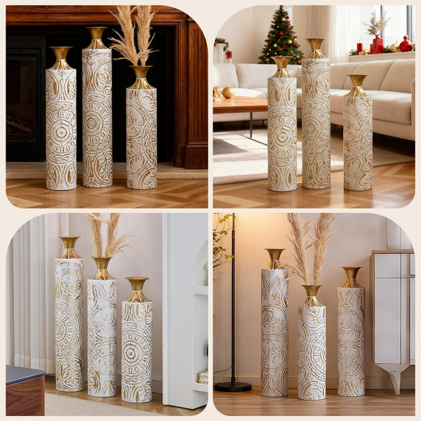 English Elm Floor Metal Vases Set Of 3 - Modern White & Gold Decorative Vases For Home Décor, 24In To 33.5In W2796P237518