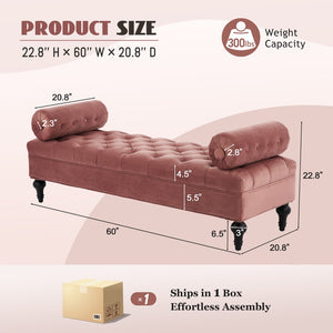 English Elm Modern Tufted Velvet Bench with Gourd Legs and Pillows for Bedroom Entryway Pink N761P335807H