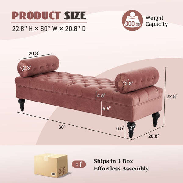 English Elm Modern Tufted Velvet Bench with Gourd Legs and Pillows for Bedroom Entryway Pink N761P335807H