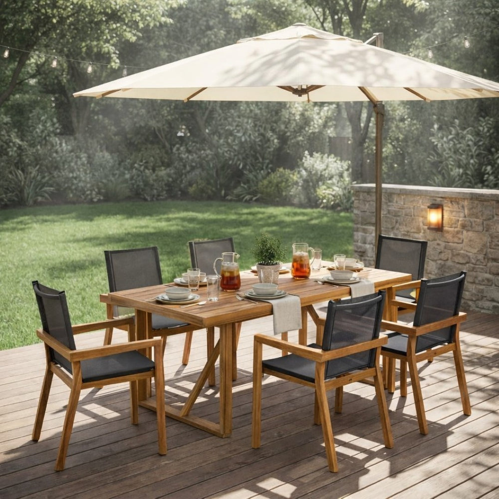 English Elm 7 Piece Solid Acacia Wood Outdoor Dining Set with Mesh Chairs Teak Finish Patio N762S000004AAD