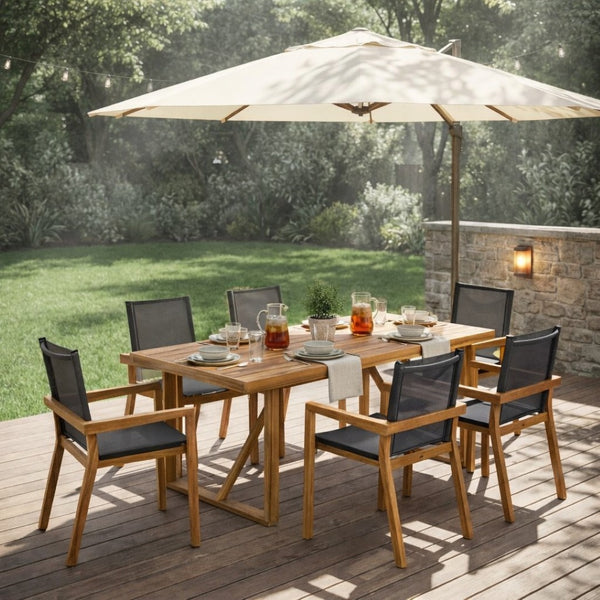 English Elm 7 Piece Solid Acacia Wood Outdoor Dining Set with Mesh Chairs Teak Finish Patio N762S000004AAD