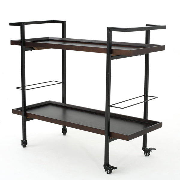 English Elm Christopher Knight Home® - BAR CART Modern Industrial Wood Look Bar Cart with Locking Casters, Two Lipped Shelves & Bottle Holders Walnut 60997.00DWNT