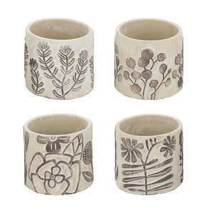 English Elm Set of 4 Earthy Gray Sand & Cement Planters with Brown Botanical Motifs, Modern Succulent Display W2078P334762