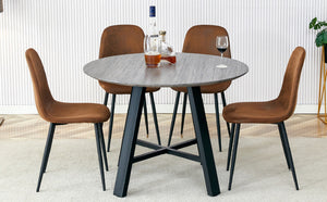 English Elm Table Modern Minimalist 42" Round Dining Set With 4 Ergonomic Brown Chairs & Black Metal Legs W1151S04062-GIGA