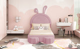 English Elm Twin Size Upholstered Rabbit-Shape Bed With 2 Storage Stools, Velvet Platform Bed With Cartoon Ears Shaped Headboard, Pink