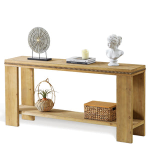 English Elm 63" Natural Wood Boho Console Table with Beaded Edge, 2-Tier Rustic Narrow Sofa Table for Entryways W3306P318859