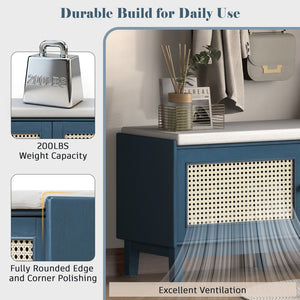 English Elm Trexm Bohemian Rattan Storage Bench Cushioned Seat Shoe Cabinet for Entryway Antique Navy,Beige N715P308012M