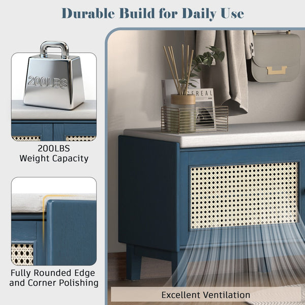 English Elm Trexm Bohemian Rattan Storage Bench Cushioned Seat Shoe Cabinet for Entryway Antique Navy,Beige N715P308012M
