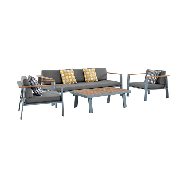 English Elm Ivano Modern 4-Piece Outdoor Patio Set Gray with Teak Accents, Water-Resistant Olefin Cushions B2736P354362