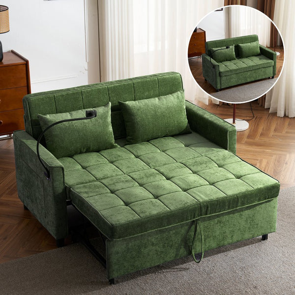 English Elm 56.9" Loveseat Sofa Bed with Chenille Upholstery, USB Ports, Phone Holder, Side Pockets, Reclining Backrest Green N719P208853F