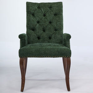 English Elm Upholstered Chenille Dining Chair with Hand-Tufted Back, Curved Solid Wood Legs, Comfortable Armseat Olive Green W1143P346929