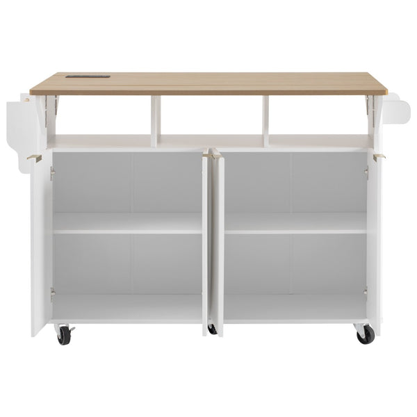 English Elm K&k Fluted Rolling Kitchen Island Faux Marble Top Power Outlet Storage Drawers White N707P353934W
