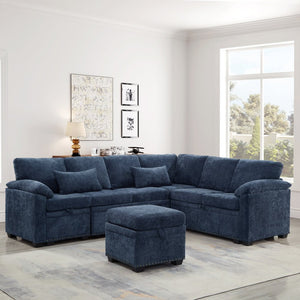 English Elm 97 Inch L-shaped Chenille Sectional Sofa with Sleeper Storage Ottoman 7 Seats Dark Blue W1669S00019