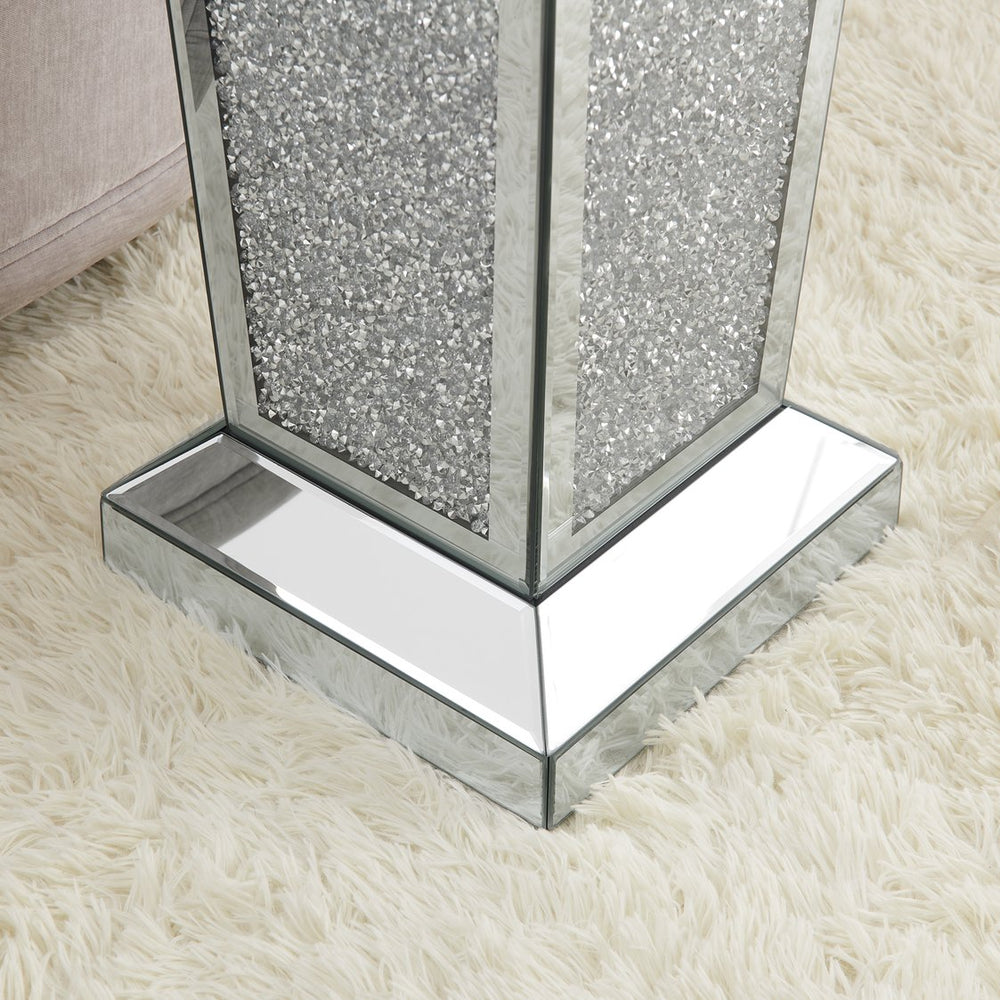 English Elm Silver Mirrored End Table with Crystal Inlay — Elegant Square Accent Side Table 13.8"x13.8"x23.6" W1005P360048