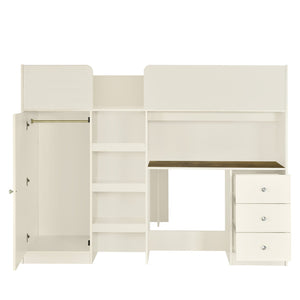 English Elm Wood Full Size Loft Bed with Built-In Wardrobe, Spacious Desk, Shelves and 3 Drawers for Storage Beige GX001819AAA
