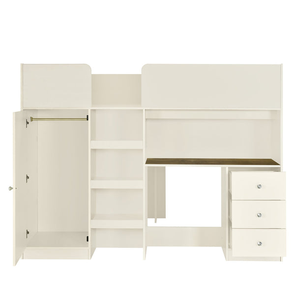 English Elm Wood Full Size Loft Bed with Built-In Wardrobe, Spacious Desk, Shelves and 3 Drawers for Storage Beige GX001819AAA