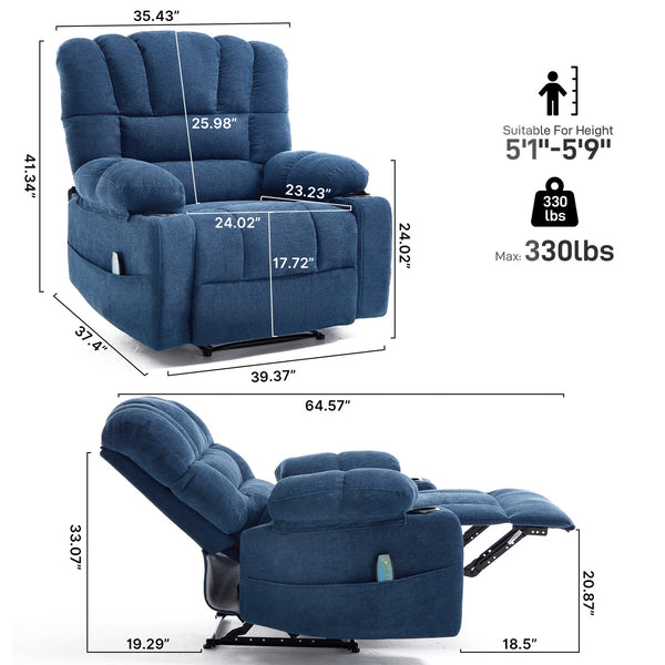 English Elm Living Space Reclining Chair with 8-Point Vibration, Lumbar Heating, Multi-Recline Comfort and Easy Assembly Blue W1403P364988