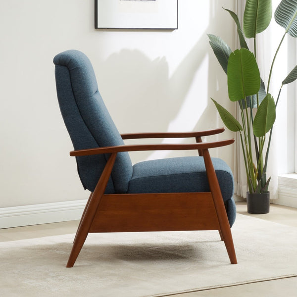 English Elm Tustin Mid-century Push Back Recliner with Chestnut Wood Arms and Performance Fabric Blue B050P429144