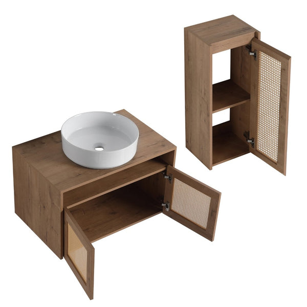 English Elm 30" Wall Mounted Bathroom Vanity Oak Finish Ceramic Art Sink Soft Close Storage W999S00495