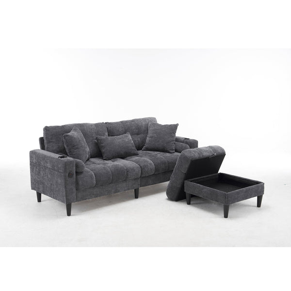 English Elm 3 Seat L Shaped chenille Sofa with Removable Storage Ottoman, USB-C & USB Ports, Cup Holders, Cozy Comfort Antique Dark Grey W2606P265175
