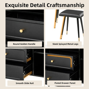 English Elm Modern Makeup Vanity Desk with LED 3-Color Mirror, Built-In Power Station, Sliding Cabinet, Stool Black N844P288432B