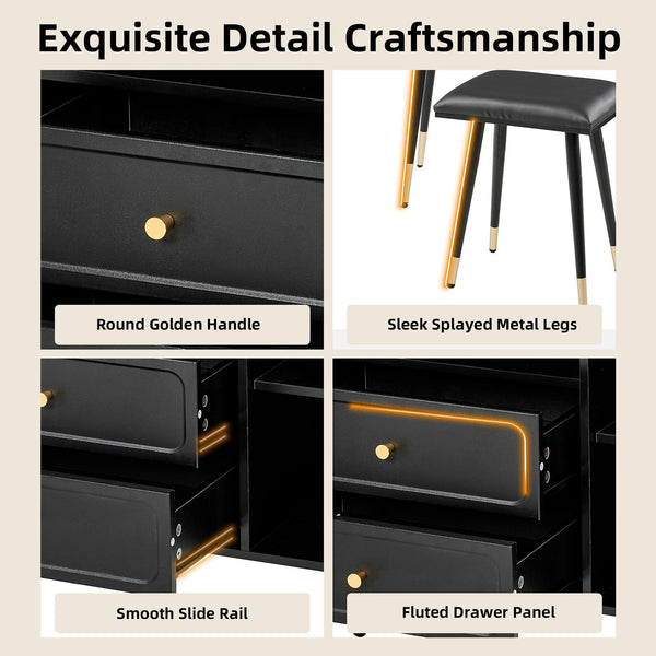 English Elm Modern Makeup Vanity Desk with LED 3-Color Mirror, Built-In Power Station, Sliding Cabinet, Stool Black N844P288432B