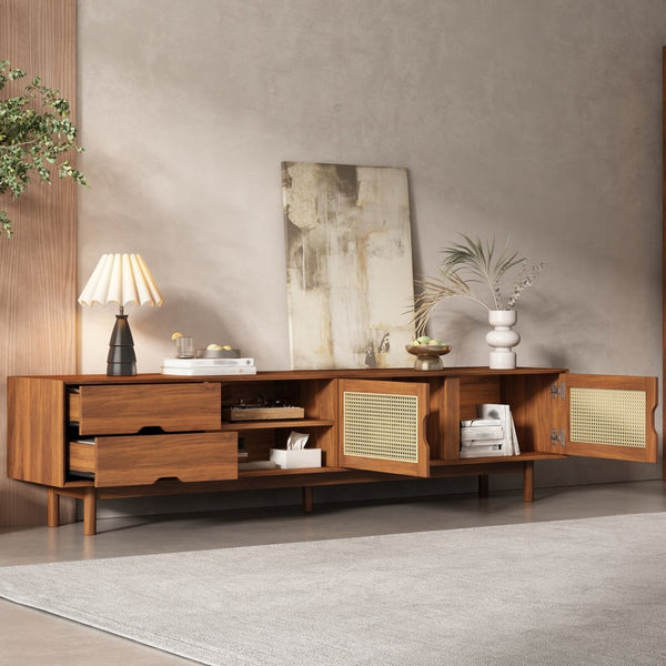 English Elm 78 Inch Rattan Media Console with Rubberwood Legs Walnut Finish Living Room Storage N710P407810P