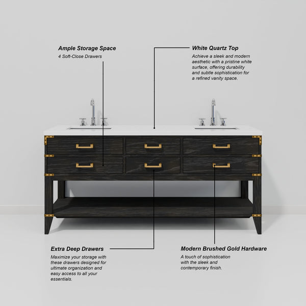 English Elm Black Oak Double Bath Vanity With White Quartz Top & Chrome Faucet Set – Stylish Storage Solution! B2731P261055