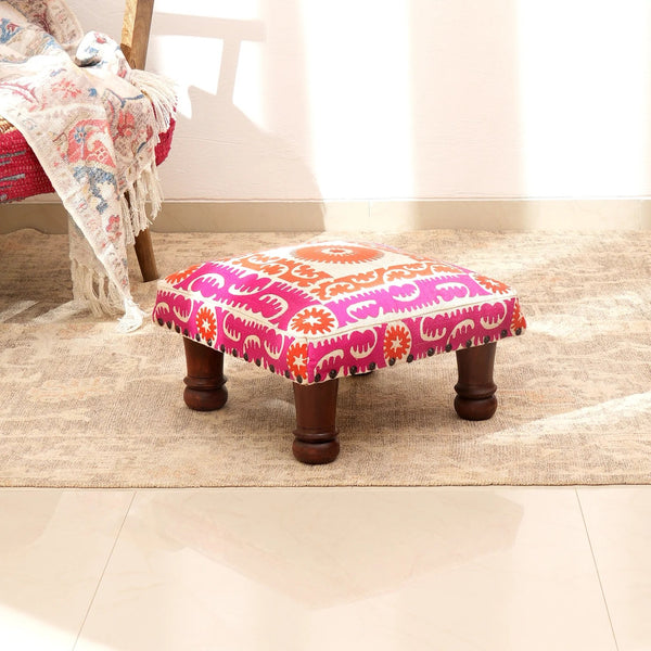English Elm Decorative Handcrafted Suzani Embroidered Foot Stool with Foam Filling and Dark Wood Finish Accent Pink B346P320660