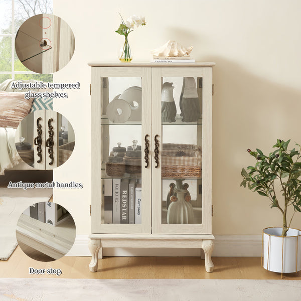 English Elm Curio White Display Cabinet with Tempered Glass, Mirrored Back, Lighted Shelves, Adjustable, Secure W1758P300117