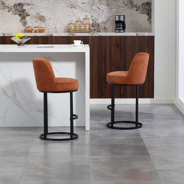 English Elm Counter Height Barstools Set of 2 Linen Upholstered Barrel Seat with Iron Legs Orange W395P410432