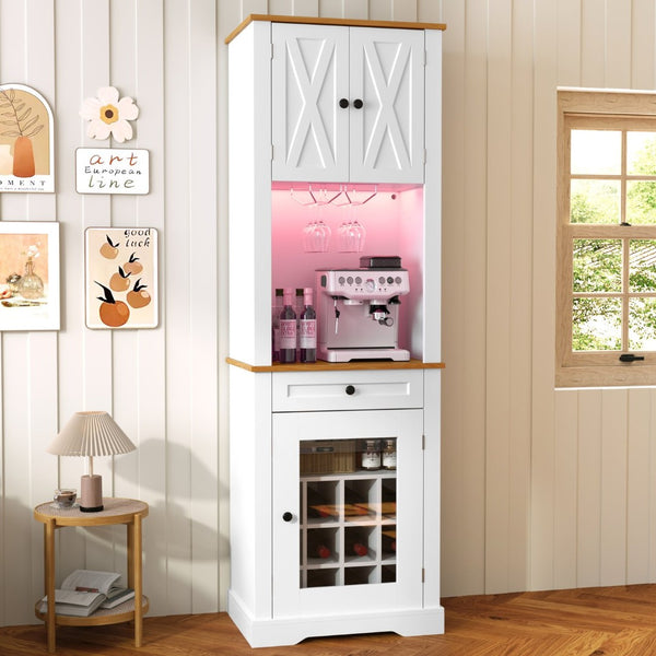 English Elm Bar Cabinet Farmhouse 69 Inch with Rgb Led Barn Door Wine Rack and Charging Station White N728P438603W