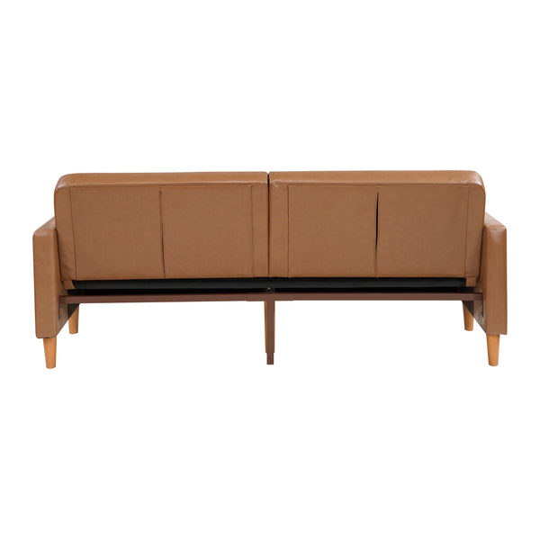 English Elm Comfort Convertible Sleeper Sofa Faux Leather Futon with Plywood Frame, Pocket Coil Comfort, Walnut Legs, 79" Camel 46 L x 36.5 W x 17 H B011P332250