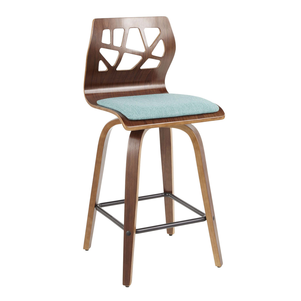 English Elm Folia Mid-Century Modern Counter Stool Set of 2 in Teal Fabric with Walnut Frame, Padded Seat, 250 lb Limit B202P221892