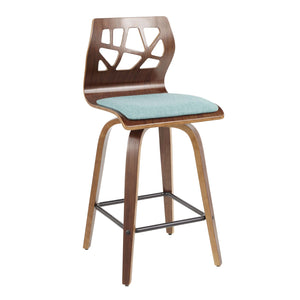 English Elm Folia Mid-Century Modern Counter Stool Set of 2 in Teal Fabric with Walnut Frame, Padded Seat, 250 lb Limit B202P221892