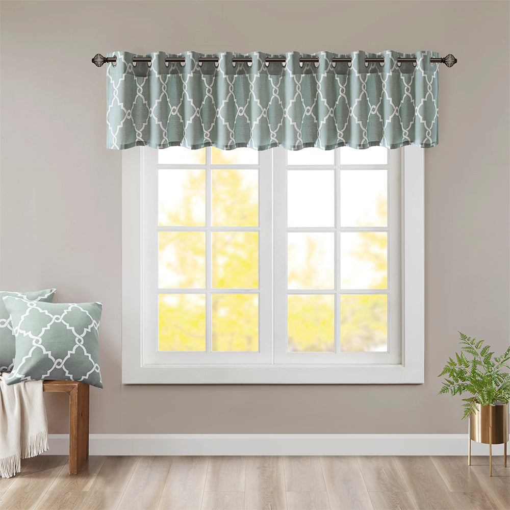 JLA Home Madison Park - Fretwork Metallic Fretwork Print Valance with Grommet Top — Textured Cotton-Blend Light Filter Seafoam/White MP41-2405
