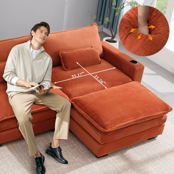English Elm L Shape Sofa Couch With Usb Charging & Cup Holders – Stylish 3-Seater Corduroy Sectional & Ottoman W2100S00180