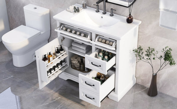 English Elm Christopher Knight Home® - 36" Bathroom Vanity with Ceramic Sink, Soft-Close Doors, 4 Drawers & Ample Storage, Freestanding White N759P223021K