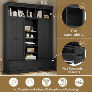 English Elm VIBE Hall Tree with Bench and Cabinets for Entryway — Adjustable Shelves, Drawers, Sturdy MDF Organizer Black SJ000139AAB