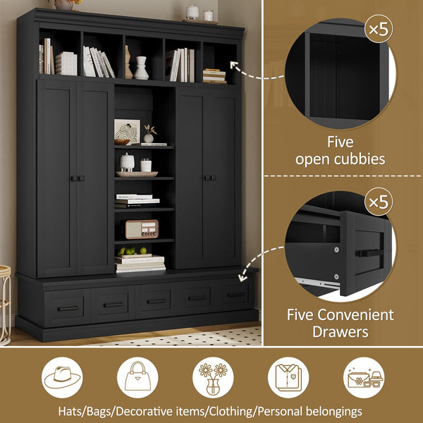 English Elm VIBE Hall Tree with Bench and Cabinets for Entryway — Adjustable Shelves, Drawers, Sturdy MDF Organizer Black SJ000139AAB