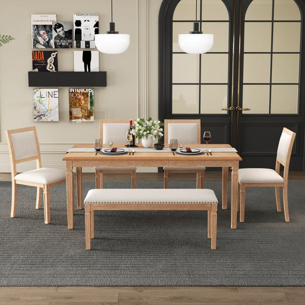 English Elm Trexm Rustic Farmhouse Extendable Dining Set Six Piece with Bench Distressed Wood Beige,Natural Wood Wash ST000151AAD
