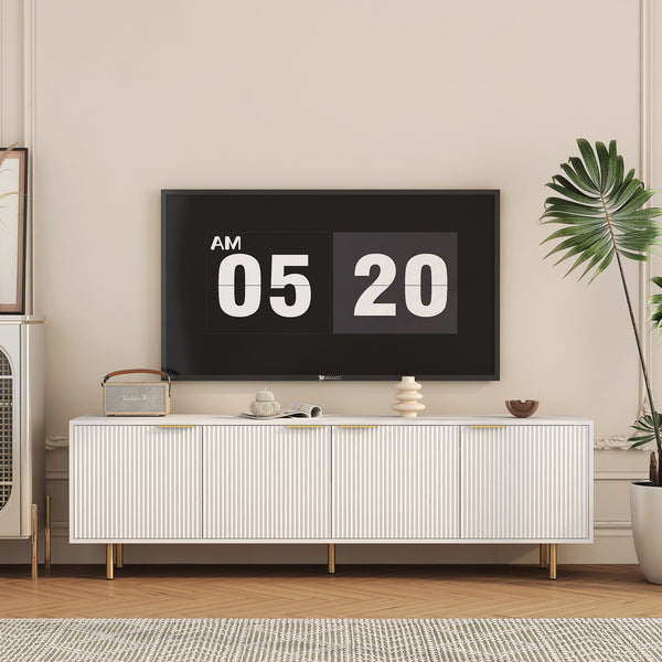 English Elm White Fluted TV Stand 68" Modern White Media Console with 4 Storage Doors, Gold Legs Accent, Durable MDF Finish W1321P185967