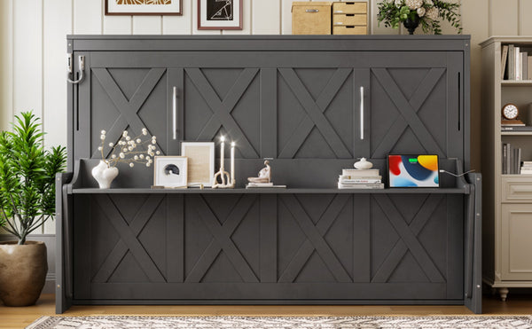 English Elm Full Murphy Bed with Fold Down Desk Led Lighting and Usb Port for Studio Spaces Dark Gray W1580S00455