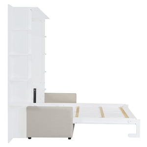English Elm Queen Murphy Bed with Integrated Sofa Space Saving Fold Down Cabinet for Studio Living White LP000591AAK-2