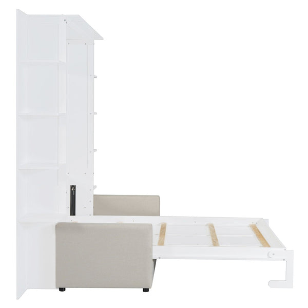 English Elm Queen Murphy Bed with Integrated Sofa Space Saving Fold Down Cabinet for Studio Living White LP000591AAK-1
