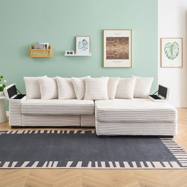 English Elm 111.4-inch Beige Corduroy Sectional Sofa with Storage Armrests and Reversible Chaise W1658S00131