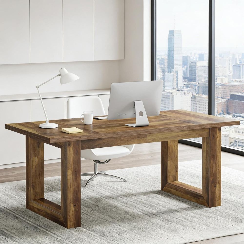 English Elm Sturdy Two-tier Computer Desk with File Cabinet and Monitor Riser for Home Office Brown T3971P453720