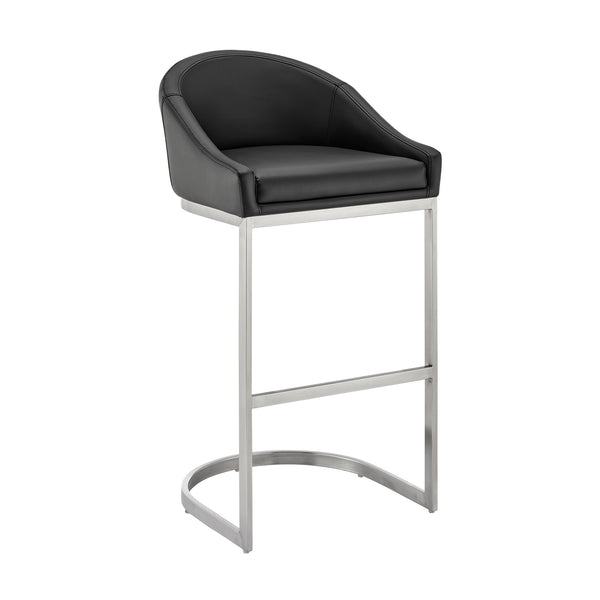 English Elm Ambrie Brushed Stainless 30" Bar Stool with Black Faux Leather, Cantilever Base, Durable 250lb Capacity B2736P354318