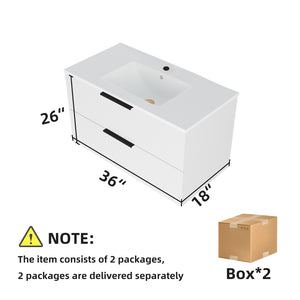 English Elm 36 Floating Bathroom Vanity with Ceramic Sink, Wall-Mounted 36" Modern Fluted Cabinet with Quiet Drawers Matte White 38.18 L x 22.83 W x 7.48 H W3520S00006